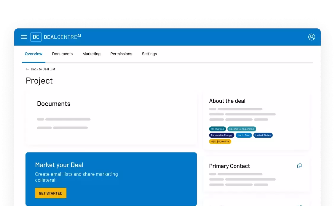 Screenshot of main DealCentre AI landing page